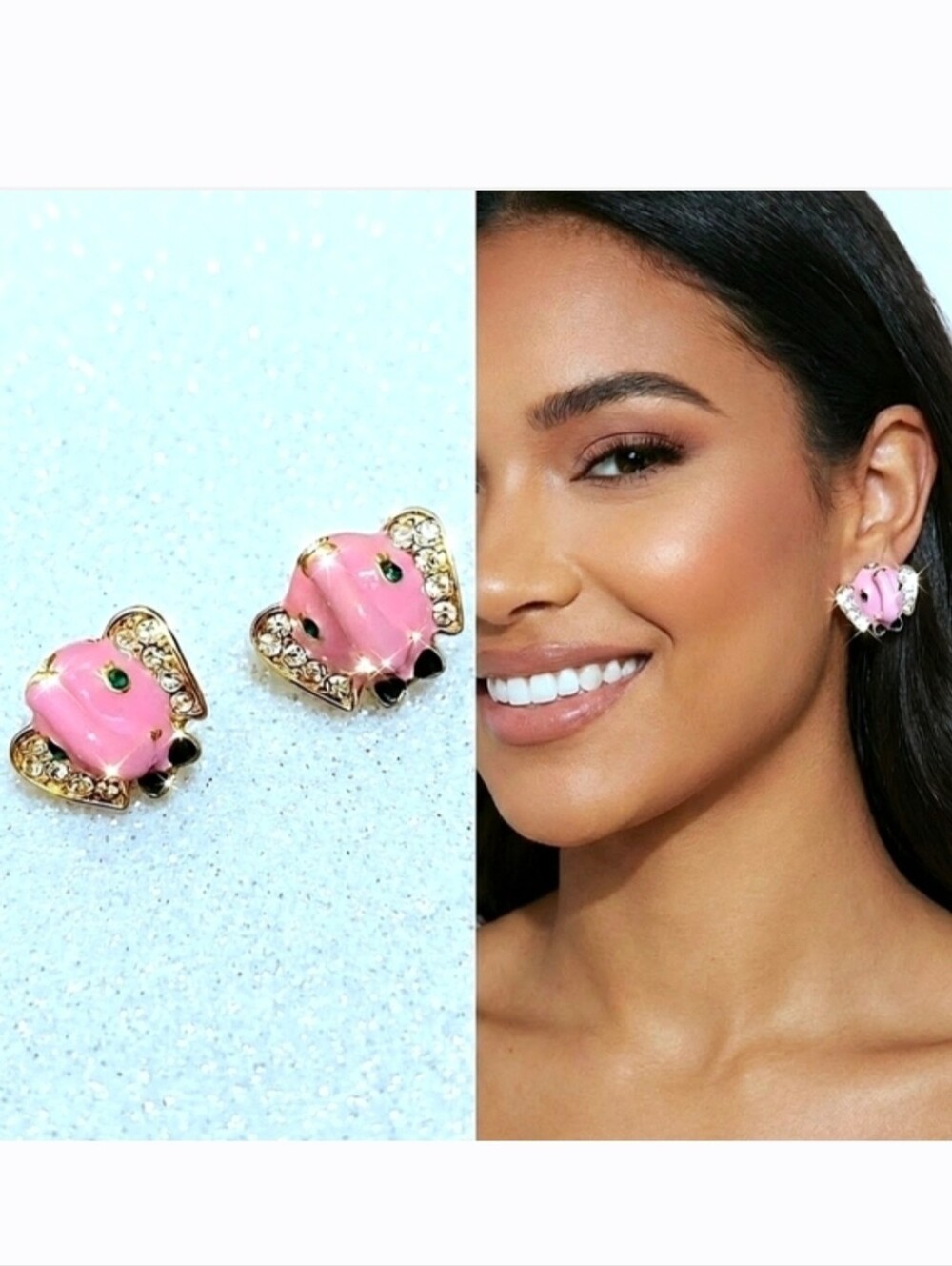 New gold plated pink crystal elephant bow tie earrings